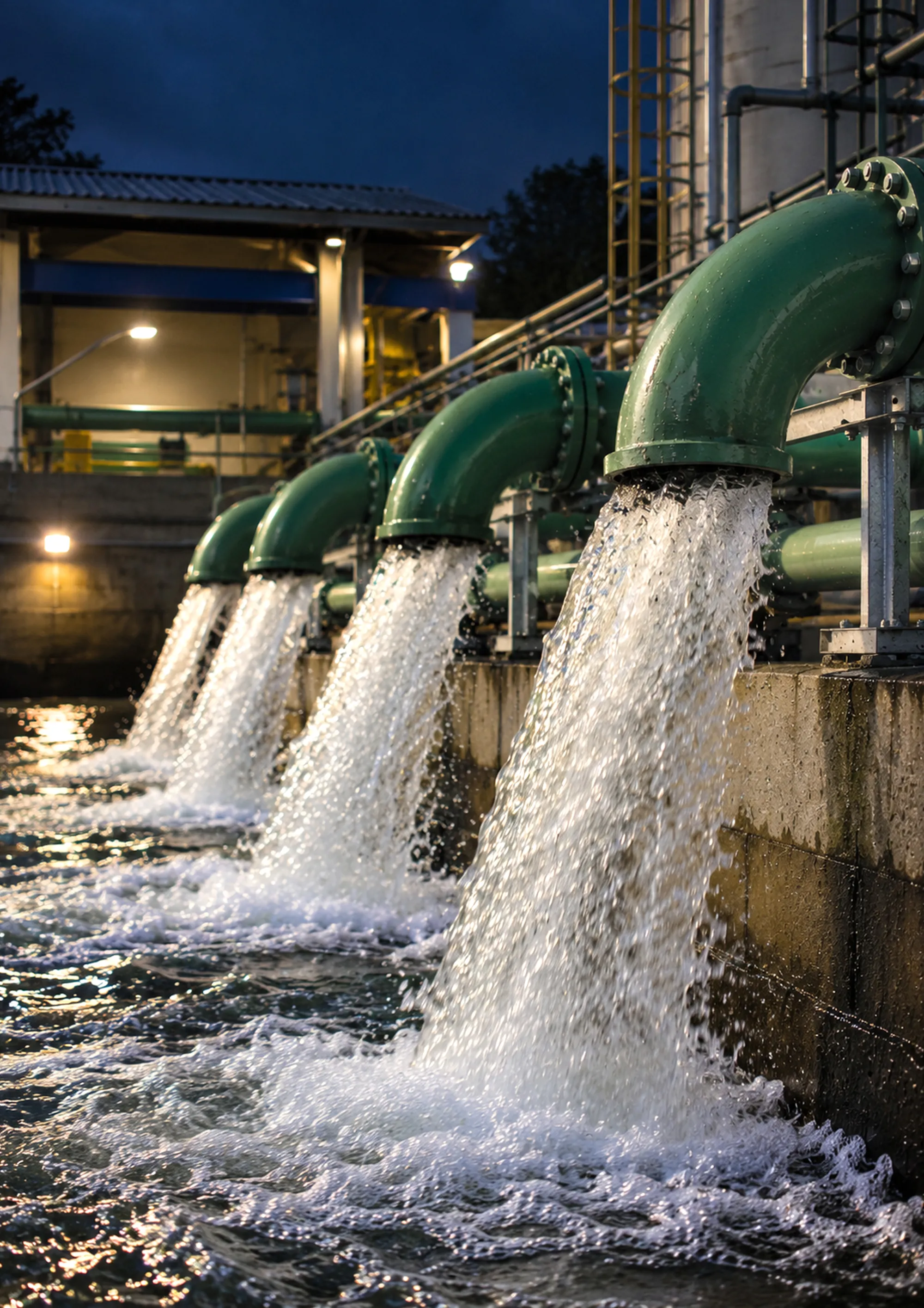Water gushing from a row of green industrial outlet pipes into a channel at dusk