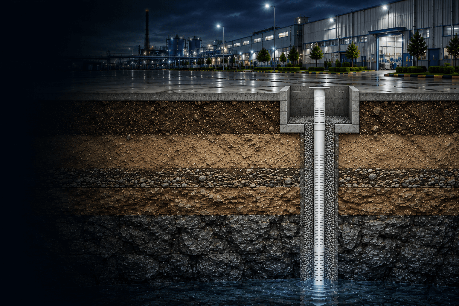 Industrial site with a borewell cross-section showing groundwater layers